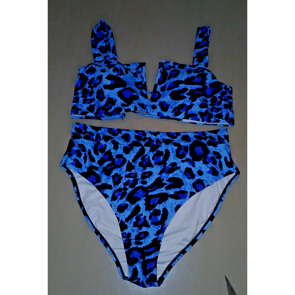 Mid Waist 2 Piece Bikini Set Sexy V Neckline Padded Bra Shoulder Straps Tie Back